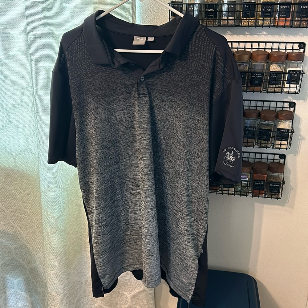 Gray and black golf polo.